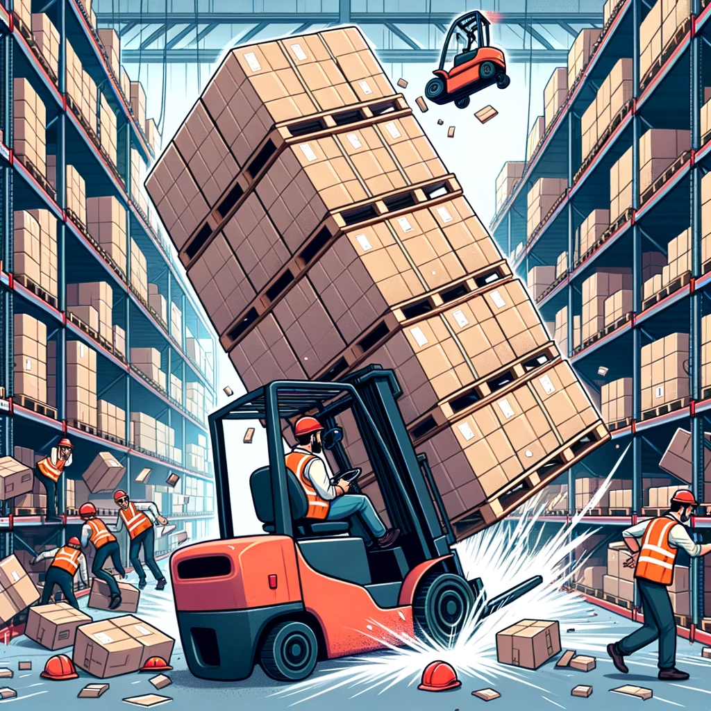 Illustration of a man in a warehouse driving a manual forklift, inadvertently causing a large shelf full of boxes to collapse, emphasizing the risks and consequences of human errors in manual operations.