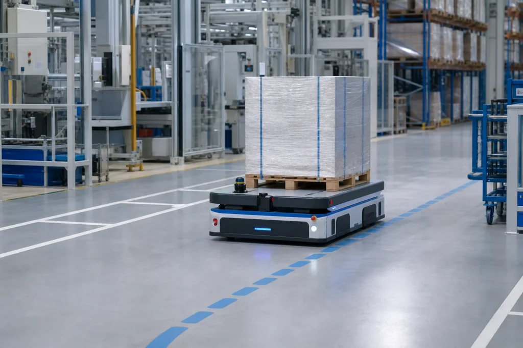 Veicolo AGV che trasporta un pallet tra produzione e magazzino