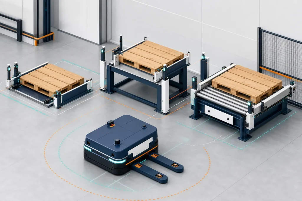 AGV davanti a stazioni pallet a terra, su supporto e su rulliera