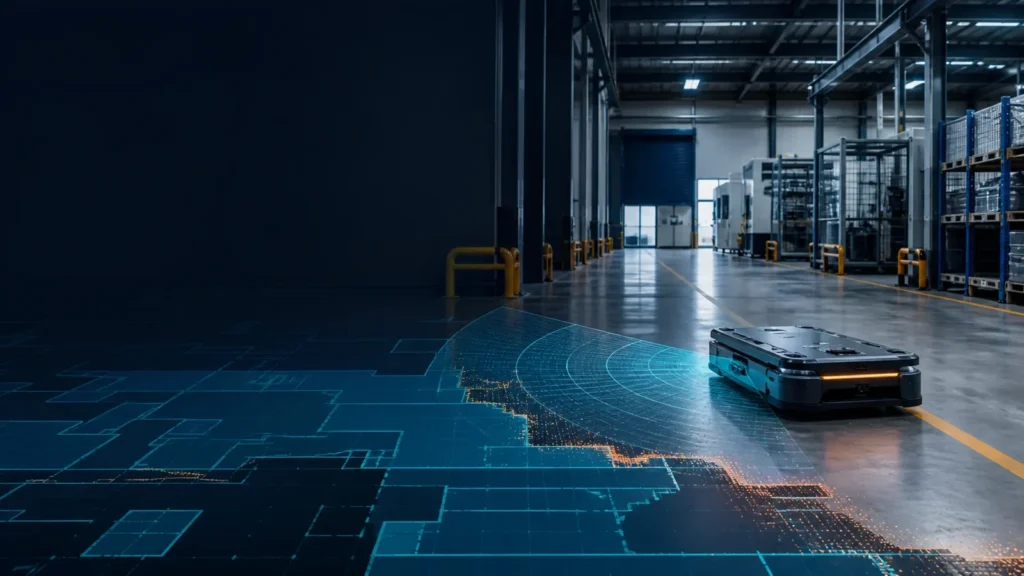 AGV con scansione LiDAR e sovrapposizione della mappa in un impianto industriale
